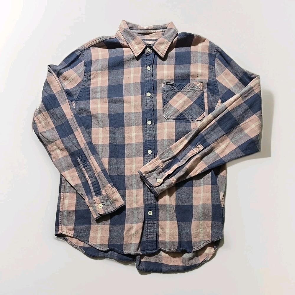 Hollister Preppy Flannel Shirt Men's XL Pink Blue Plaid Button‎ Down